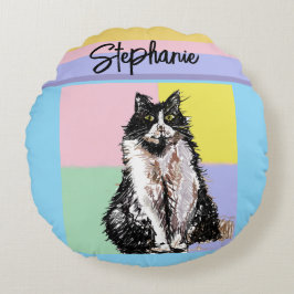 Tuxedo Katze Pastellfarben Rosa Mädchen Name Rundes Kissen