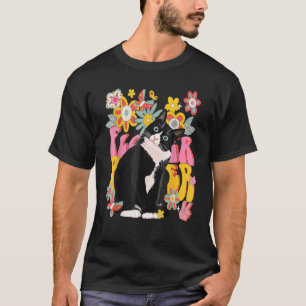 Tuxedo-Katze Retro 60er 70er Jahre Vibe Blumen Fri T-Shirt