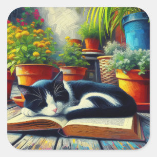 Tuxedo Katze Schlafen auf einem Buchgarten Malerei Quadratischer Aufkleber