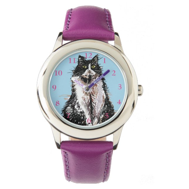 Tuxedo Katze Schwarz-weiß Katzen Niedlich Pet Pink Armbanduhr (Vorderseite)