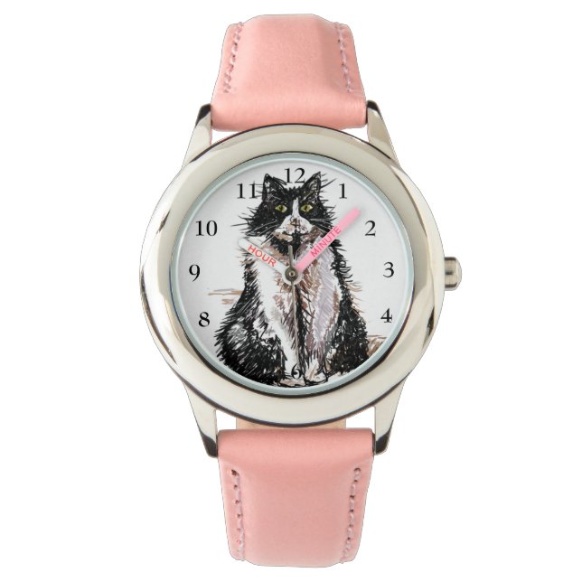Tuxedo Katze Schwarz-weiß Katzen Niedlich Pet Pink Armbanduhr (Vorderseite)
