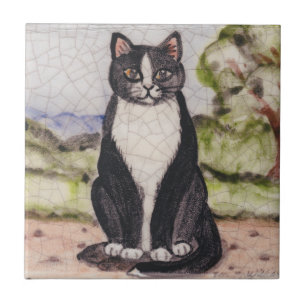 Tuxedo Katze Schwarz & Weiß Landschaft Antike Vin Fliese