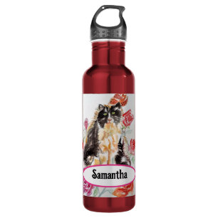 Tuxedo Katze Süße Rosen Blumen Katzen Aquarell Ros Edelstahlflasche