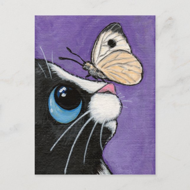 Tuxedo Katze und White Butterfly Malerei Postkarte (Vorderseite)