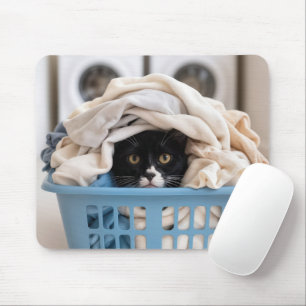 Tuxedo-Katze versteckt sich im Wäschekorb Mousepad