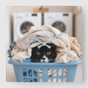 Tuxedo-Katze versteckt sich im Wäschekorb Quadratische Wanduhr