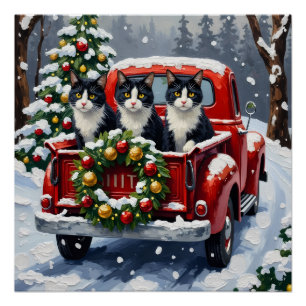 Tuxedo-Katze Weihnachten Rotes Lastwagen Ferien Poster