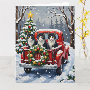 Tuxedo-Katze Weihnachten Rotes Lastwagen Urlaub Karte