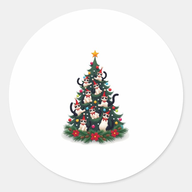 Tuxedo Katze Weihnachtsbaum Tuxedo Katze Lights Xm Runder Aufkleber (Vorderseite)