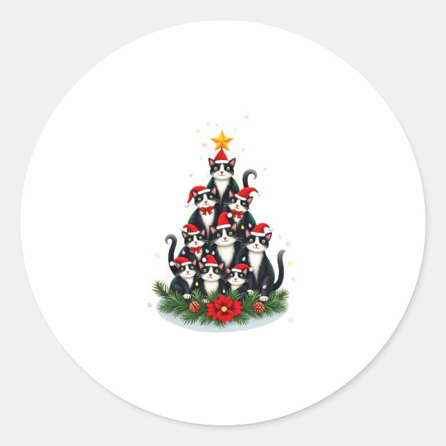 Tuxedo Katze Weihnachtsbaum Tuxedo Katze Lights Xm Runder Aufkleber (Vorderseite)