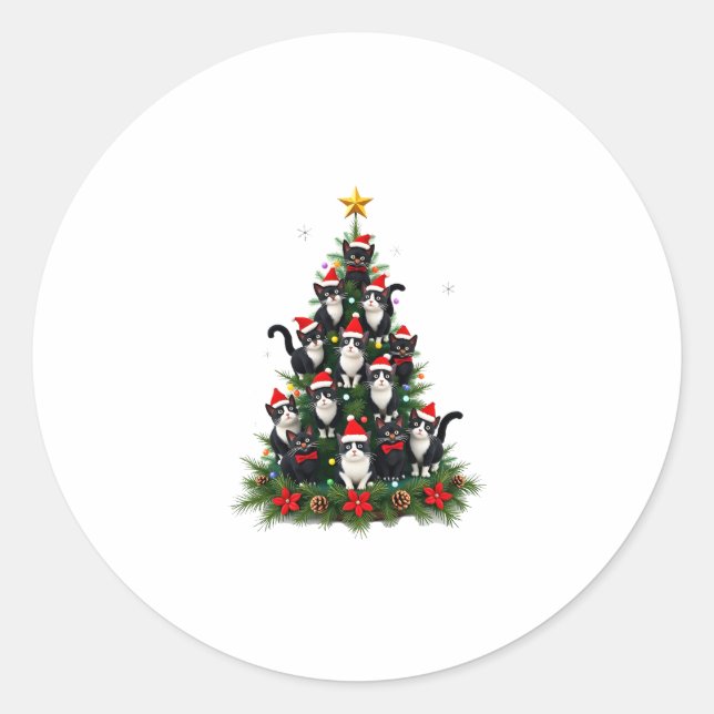 Tuxedo Katze Weihnachtsbaum Tuxedo Katze Lights Xm Runder Aufkleber (Vorderseite)