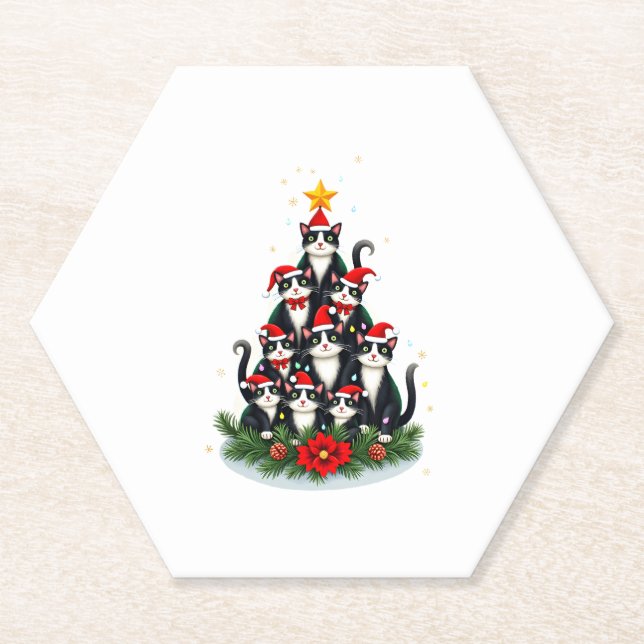 Tuxedo Katze Weihnachtsbaum Tuxedo Katze Lights Xm Untersetzer (Vorderseite)
