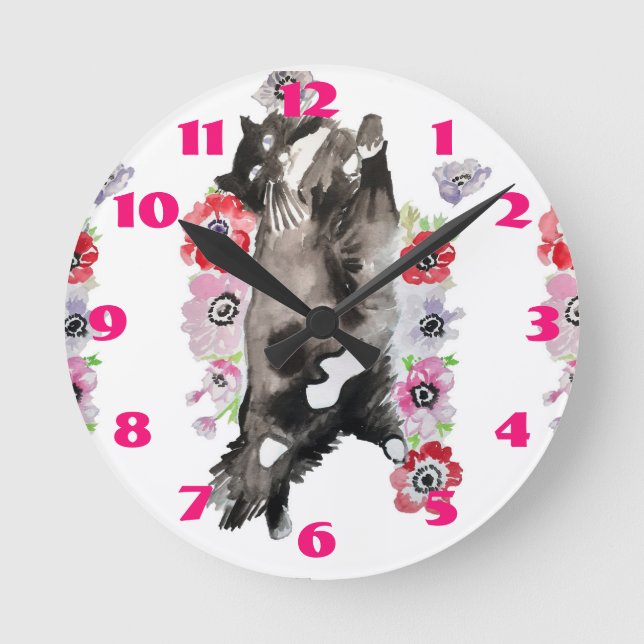 Tuxedo Katzen Art Tierische Kinder rosa Runde Wanduhr (Vorderseite)