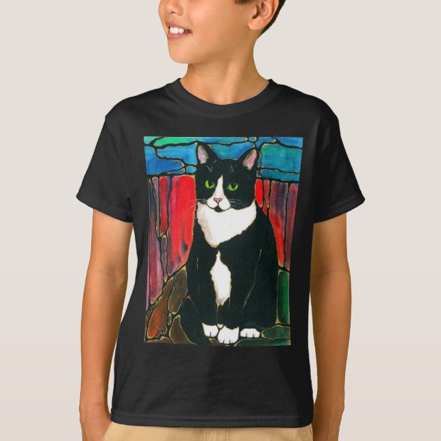 Tuxedo-Katzen-beflecktes Glas-Entwurfs-Kunst-T - T-Shirt (Vorderseite)