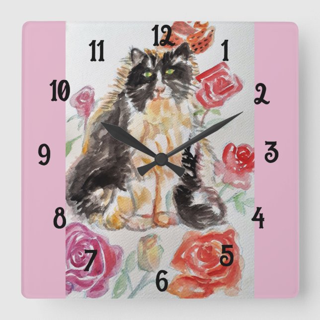 Tuxedo Katzen Kunst, Kinder und Dichtung Quadratische Wanduhr (Vorderseite)