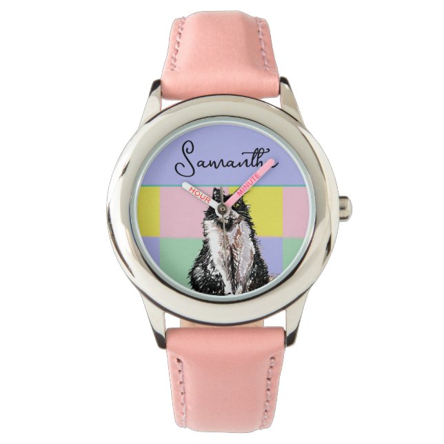 Tuxedo Katzen Niedlich Katzen Schwarz-weiß Pastell Armbanduhr (Vorderseite)