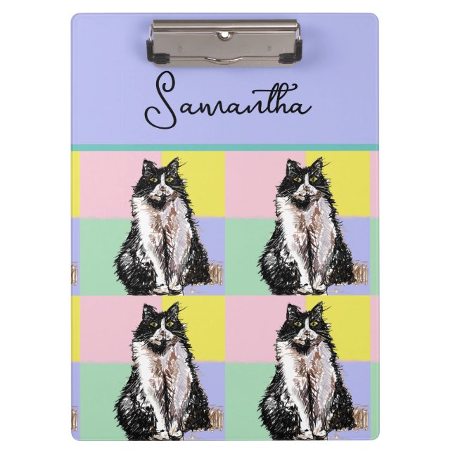 Tuxedo Katzen Niedlich Katzen Schwarz-weiß Pastell Klemmbrett (Vorderseite)