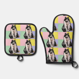Tuxedo Katzen Niedlich Katzen Schwarz-weiß Pastell Ofenhandschuh & Topflappen-Set