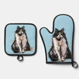Tuxedo Katzen Niedliche Katzen Schwarz-weiß Pastel Ofenhandschuh & Topflappen-Set