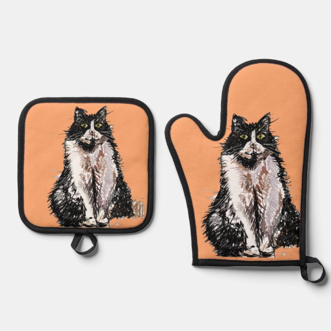 Tuxedo Katzen Niedliche Katzen Schwarz-weiß Pastel Ofenhandschuh & Topflappen-Set (Vorderseite)