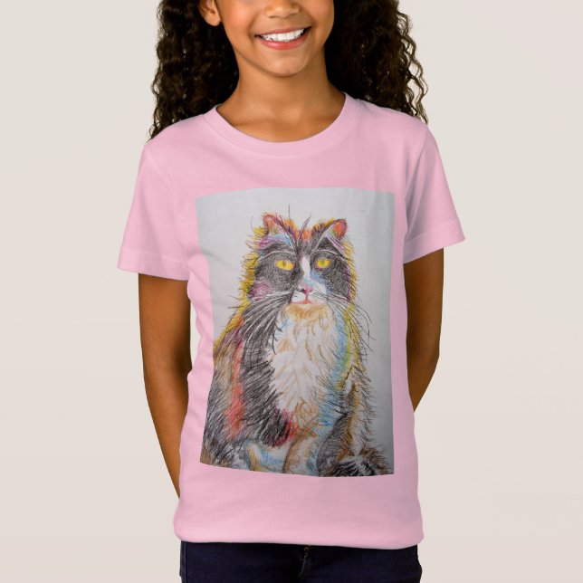 Tuxedo Katzen niedlicher Stift Zeichnend Mädchen T T-Shirt (Vorderseite)
