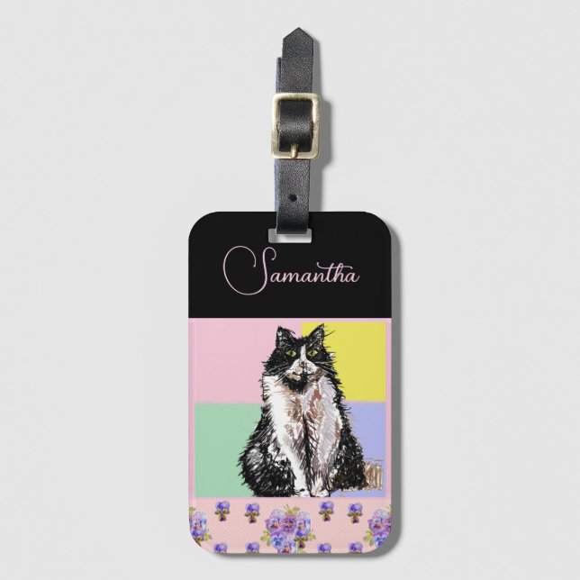 Tuxedo Katzen Pastellfarbene, rosa Mädchen Gepäckanhänger (Vorderseite Vertikal)