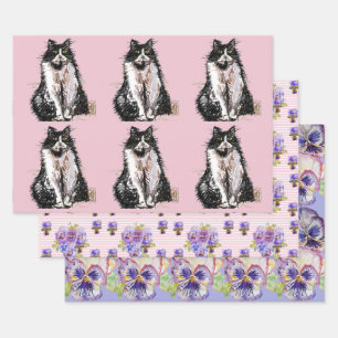 Tuxedo Katzen Rosa Blume Aquarellmalerei Geschenkpapier Set