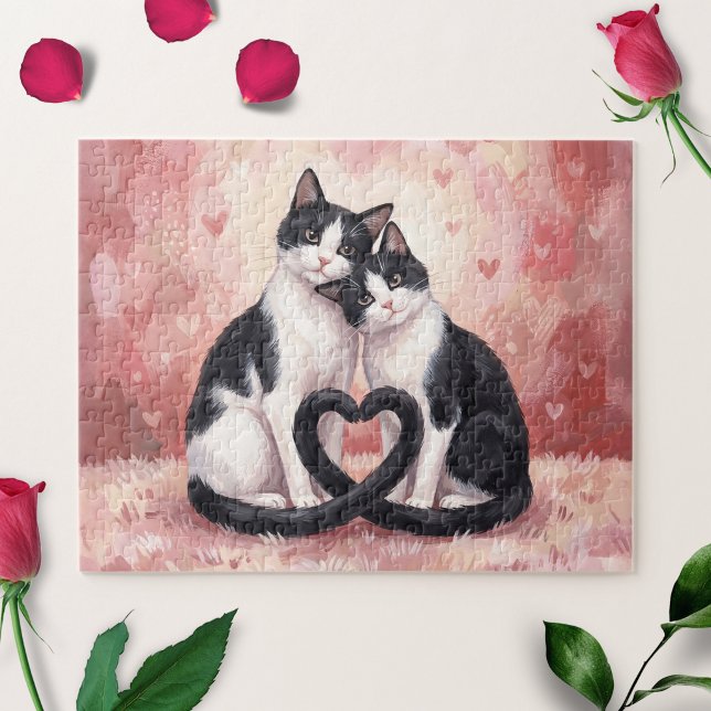 Tuxedo-Katzen Valentinstag-Puzzle (Jigsaw puzzle with two black and white cats with their tails touching in a heart shape.)