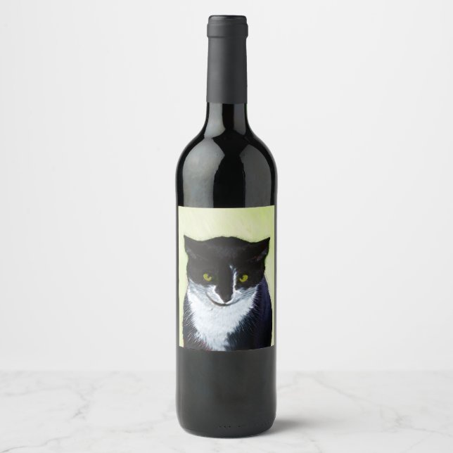 Tuxedo Katzenmalerei - Niedliche Originalkatzenart Weinetikett (Vorderseite)