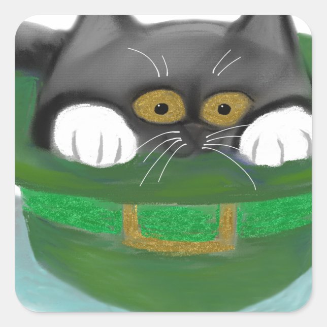 Tuxedo Kitten passt in einen Leprechaun-Hut Quadratischer Aufkleber (Vorderseite)