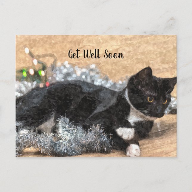 Tuxedo Kitten Tinsel und Lichter werden gut Postkarte (Vorderseite)