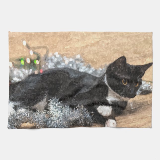 Tuxedo Kitten Tinsel und Lights Painterly Geschirrtuch (Horizontal)