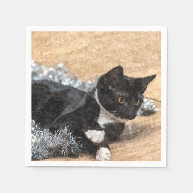 Tuxedo Kitten Tinsel und Lights Painterly Serviette (Vorderseite)