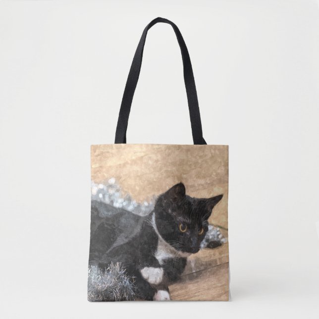 Tuxedo Kitten Tinsel und Lights Painterly Tasche (Vorderseite)