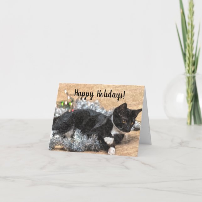 Tuxedo Kitten Tinsel und Lights Urlaubskarte Karte (Vorderseite)