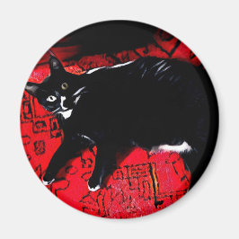 Tuxedo Kitty on Red Rug Magnet