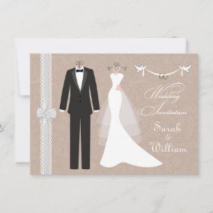 Tuxedo-Krone und Tauben 0n-Orangenbraun Hochzeit Einladung