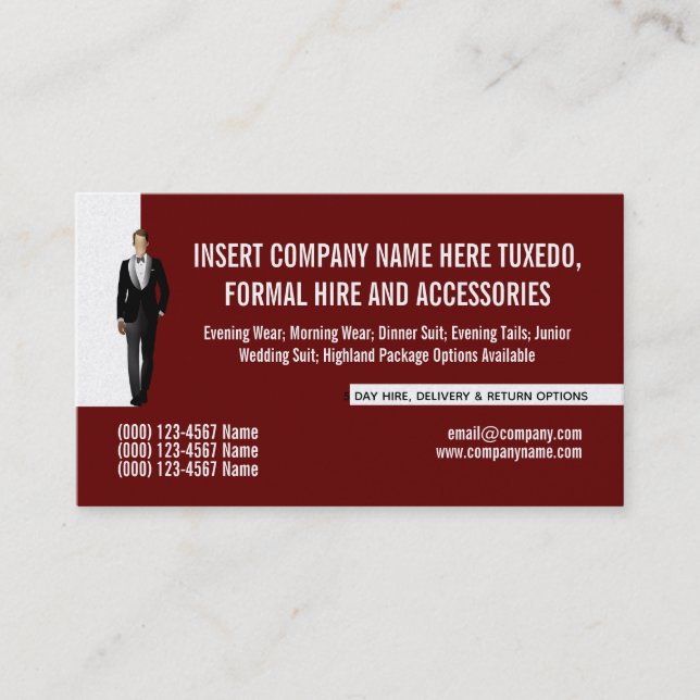 Tuxedo Mann formale Anzug Vermietung Unternehmen D Visitenkarte (Vorderseite)