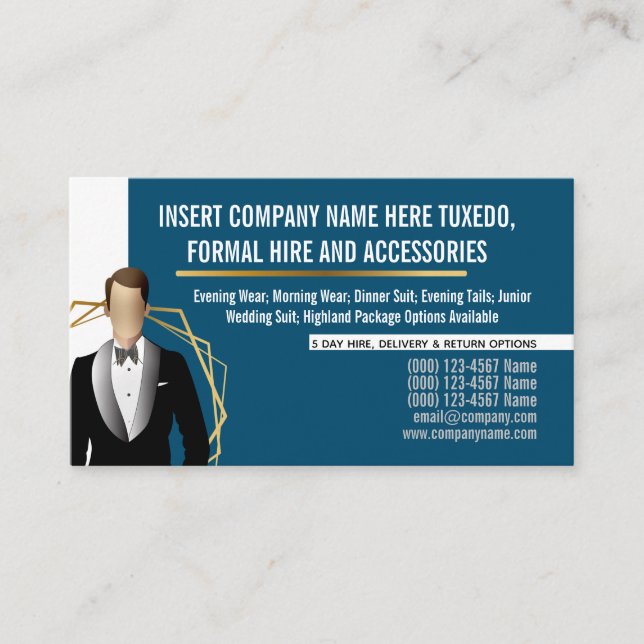 Tuxedo Mann moderne Gold Schwarz Anzug Miete DIY B Visitenkarte (Vorderseite)