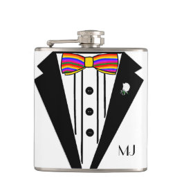 Tuxedo mit Rainbow Bow Krawatte Wedding Flachmann