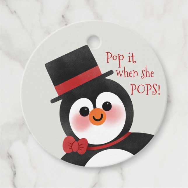Tuxedo Pinguin Baby Dusche Pop Es, wenn sie Pop! Geschenkanhänger (Vorderseite)