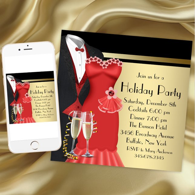 Tuxedo Rotes Kleid Elegante Weihnachten Einladung (Christmas party invitation for any occasion. Available for download and printed invitations.)