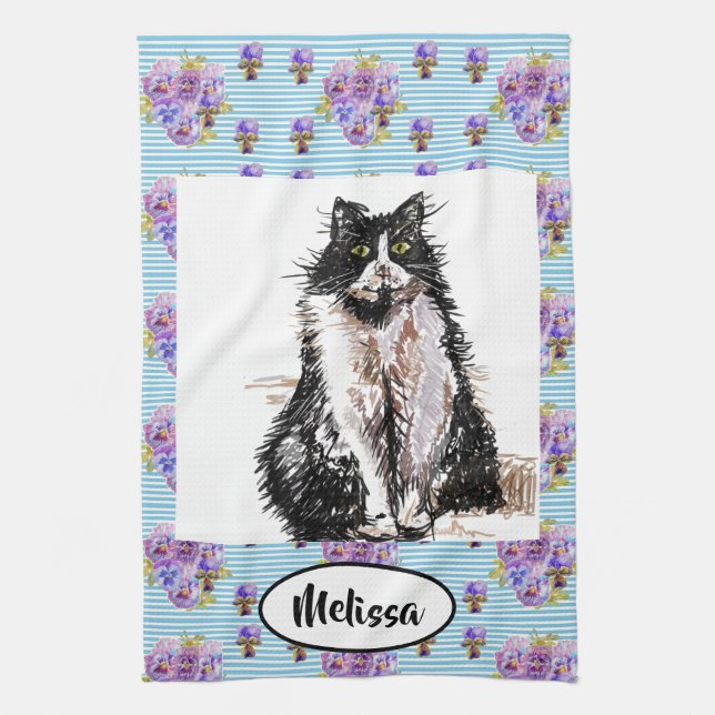 Tuxedo Schwarz-weiß Cat art Floral Ladys Name Geschirrtuch (Vertikal)