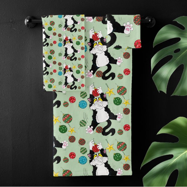 Tuxedo Schwarz-weiße Weihnachtskatze Badhandtuch Set (Von Creator hochgeladen)