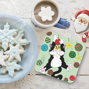Tuxedo Schwarz-weiße Weihnachtskatze Rechteckiger Pappuntersetzer