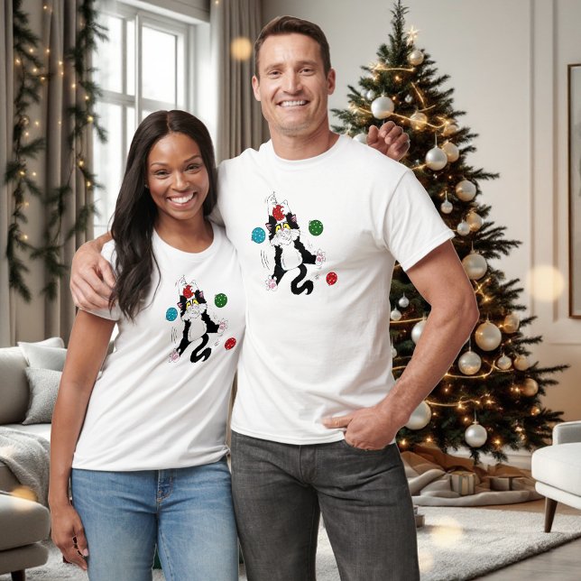 Tuxedo Schwarz-weiße Weihnachtskatze T-Shirt (Von Creator hochgeladen)