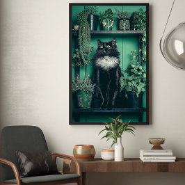 Tuxedo Schwarze Katze auf einem Schelf unter den P Poster