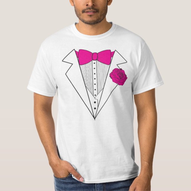 Tuxedo-Stil mit rosa Bowtie und rosa Rose T-Shirt (Vorderseite)