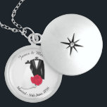 Tuxedo und Hochzeitskleid Personalisiert Medaillon<br><div class="desc">Elegantes Tuxedo und Hochzeitskleid Design mit rote Rose. Atemberaubend sterling silber locket mit eigenen Texten für einen einzigartigen Sake.</div>