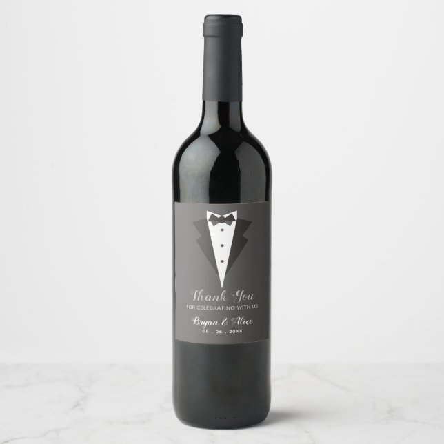 Tuxedo Wine Bottle Labels - Hochzeitsgroom-Trauzeu Weinetikett (Vorderseite)